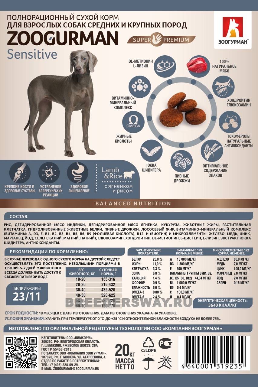 20кг Zoogurman Sensitive для собак крупных пород супер-премиум Ягненок с рисом 23/11 14мм